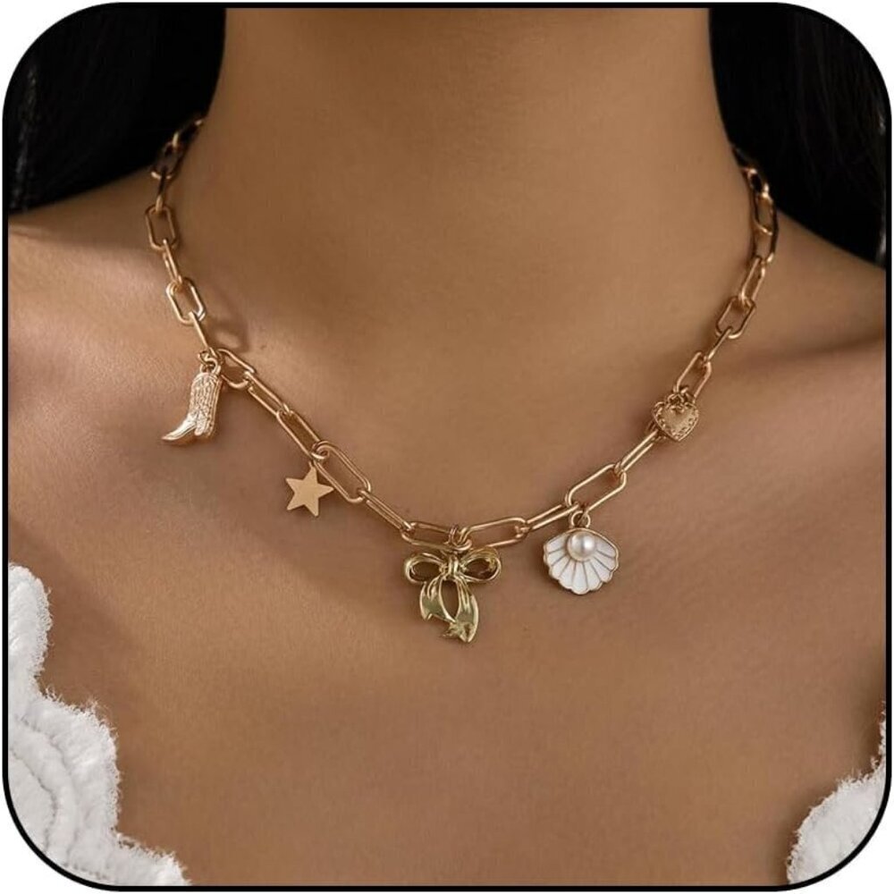 🆕 Women Gold Western Charm Necklace Boho Shell Chic Summer Beach Pearl Jewelry